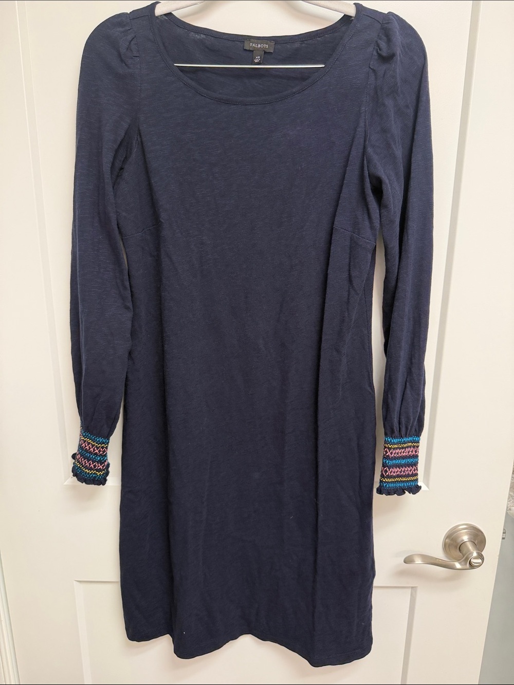 Talbots Navy Long Sleeve Knit Dress with Colorful Embroidered Cuffs